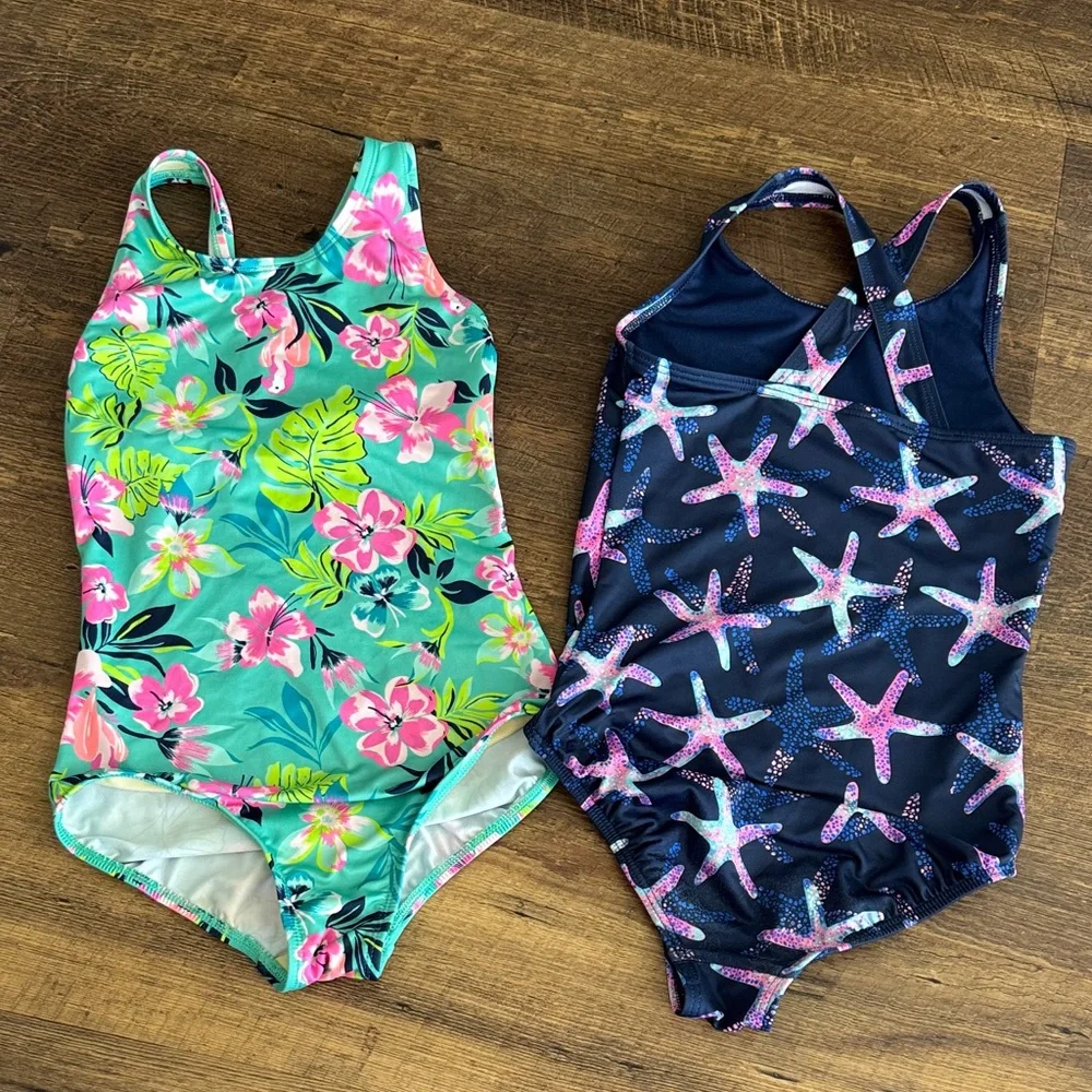 Lands’ End Girls Floral & Starfish One-Piece Swimsuits